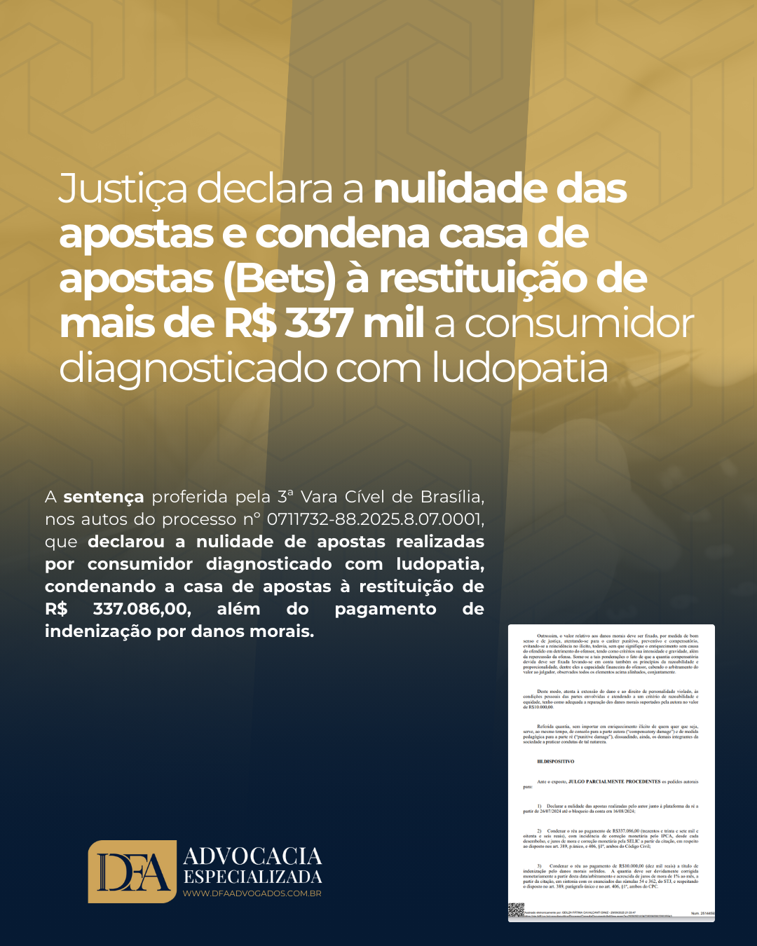 Justiça declara a nulidade das apostas e condena casa de apostas (Bets) à restituição de mais de R$ 337 mil a consumidor diagnosticado com ludopatia